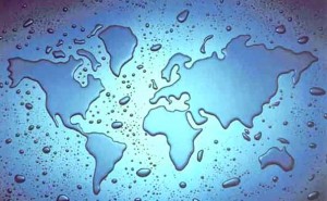 Exemplificación do mundo mediante unhas pingas de auga que semellan o mapa mundi.